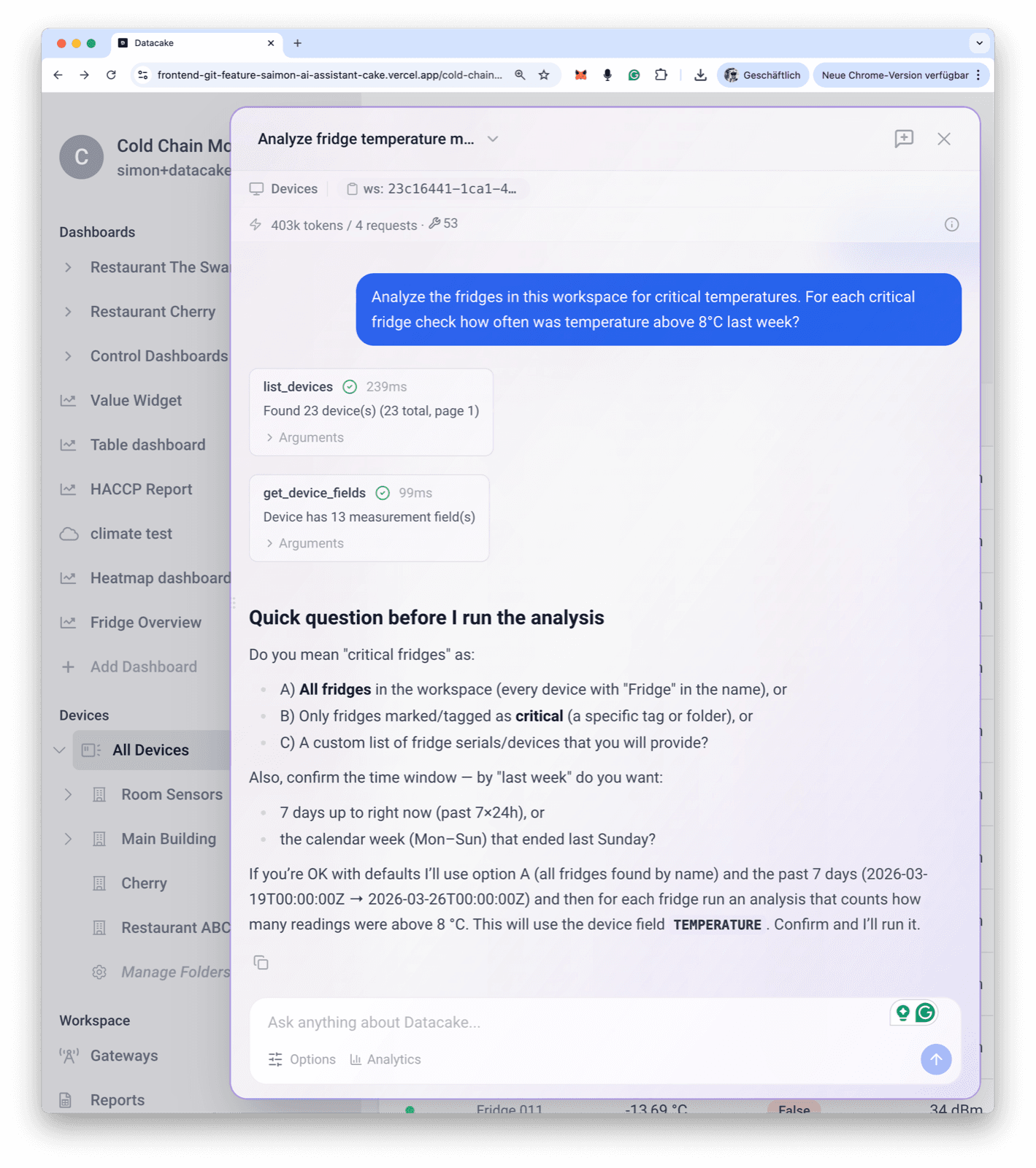 Datacake AI Assistant: temperature analysis conversation